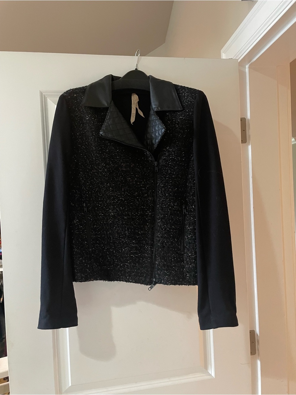 Black Quilted Collar Tweed Moto Jacket - Women